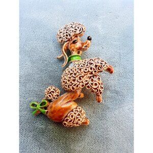 Vintage Gerrys Poodle Dog Brooch Pin Gold-Tone Enamel Green Collar & Bow 1950s C